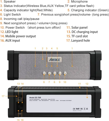 Vista 7 de Altavoz solar Bluetooth, IPX7, impermeable, portátil, de 20 W, con 27 luces LED, batería de 5000 mAh, micrófono, tarjeta TF, para ducha al aire