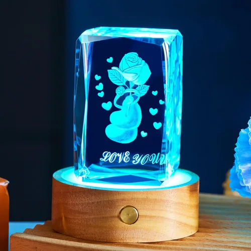 Vista 7 de Regalos románticos para él y ella, regalo del día de la madre para esposa, luz nocturna de cristal de amor 3D con base LED multicolor, regalo