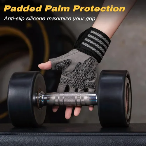 Vista 2 de Guantes de entrenamiento con soporte para muñeca para hombres y mujeres, guantes de levantamiento de pesas, antideslizantes, acolchados, sin dedos