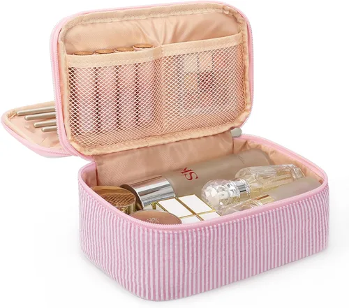 Vista 17 de Relavel Bolsa de maquillaje pequeña para mujer y niña, bolsa de maquillaje y brochas portátil de 2 capas, organizador de brochas de regalo de Navidad