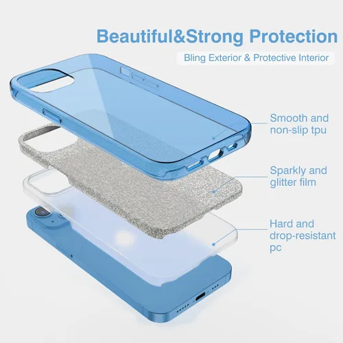 Vista 6 de MILPROX Funda compatible con iPhone 13 (2021), carcasa de gel de goma brillante con purpurina de 3 capas a prueba de golpes para iPhone 13 de 6.1