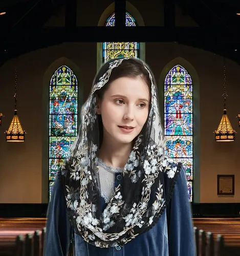 Vista 6 de Encaje Capilla Velo Mantilla Infinity Veil Multicolor Bordado Cherry Blossom Style Latin Mass M7