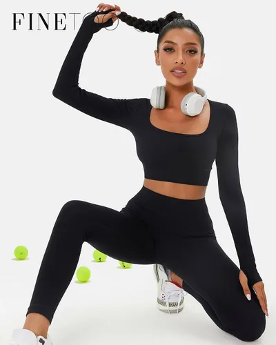 Vista 5 de FINETOO Conjuntos de entrenamiento para mujer, 2 piezas, de manga larga, para yoga, sin costuras, acanalada, con cintura alta, leggings XS-L