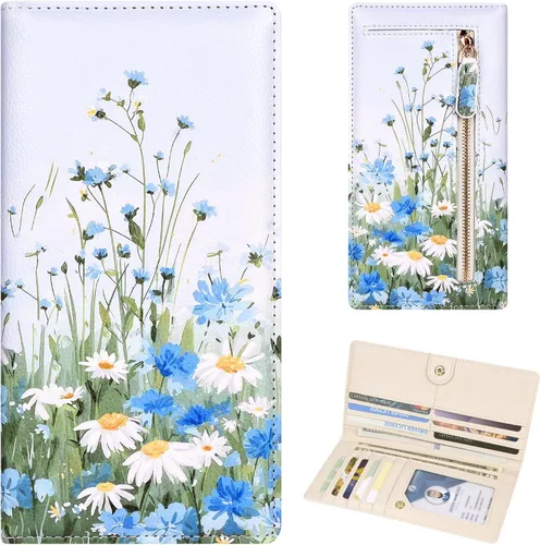 Vista 10 de Billetera para mujer, billetera RFID extradelgada, bolso plegable de cuero, con 11 ranuras para tarjetas y ventana de identificación, lindo monedero