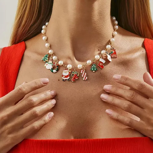 Vista 3 de Christmas Jewelry Set for Women - Christmas Earrings, Bracelet, Necklace Trio & Pearl Necklace with Festive Pendant Festive Holiday Party Jewelry