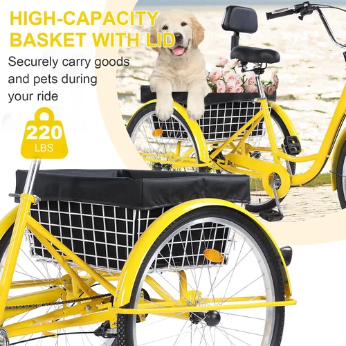 Vista 4 de Triciclo para adultos, triciclos para adultos de 24/26 pulgadas, bicicleta de crucero de 3 ruedas con cesta grande y asiento ajustable, triciclos