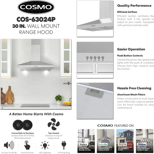 Vista 4 de COSMO COS-63024P - Campana extractora de montaje en pared con conductos de 250 CFM de 30 pulgadas, control de botón, luces LED, filtros de malla