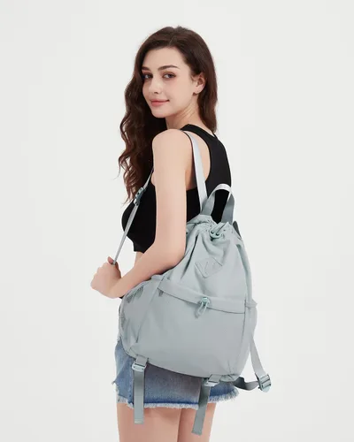 Vista 3 de WANDF Mochila con cordón para mujer, bolsa de gimnasio con correa para esterilla de yoga, resistente al agua, con bolsillo de malla, Gris