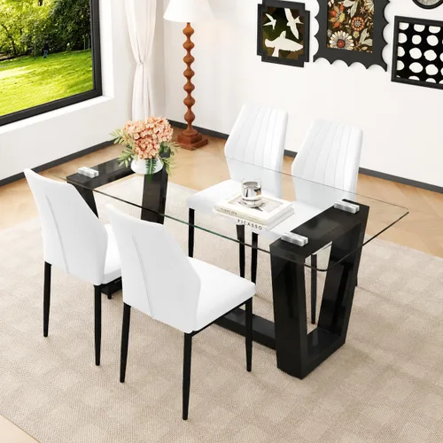 Vista 9 de Juego de mesa de comedor de cristal para 4, juego de mesa de cocina moderno de 63 pulgadas con parte superior de vidrio templado, base trapezoidal