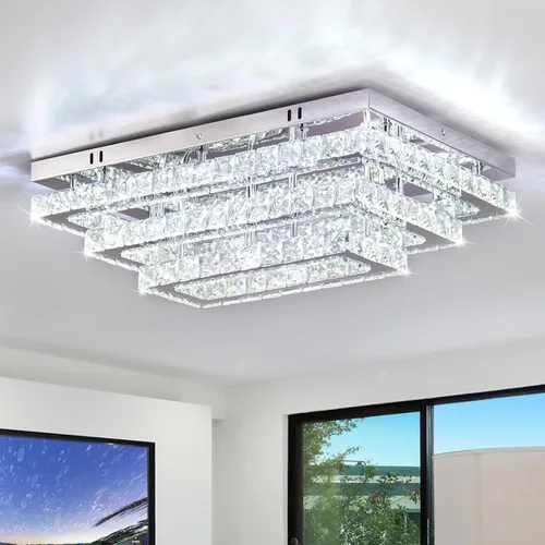 Vista 9 de Finktonglan Accesorio de Lámpara de Techo LED de Cristal Cuadrada Moderna, Candelabro de Cristal Regulable de 15" Luces de Techo de 3 Niveles