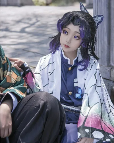 Vista 4 de VZQI Demon Slayer Cosplay Costumes Kamado Shinobu Kids Girls Anime Kimono Hallowee Purple Cloak