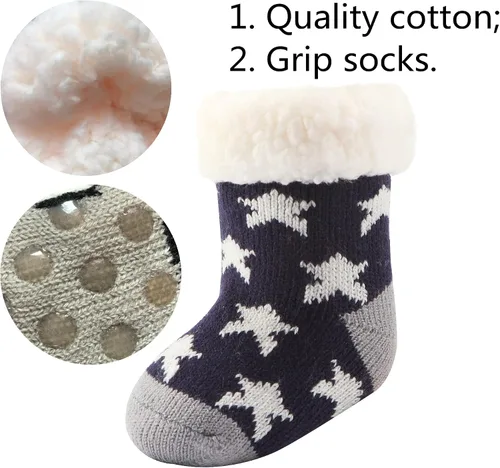 Vista 4 de 3 Pairs Toddler Girl Boy Sherpa-lined Fuzzy Socks Anti Skid with Grips, Baby Girl Boy Christmas Socks Kids Slipper Socks