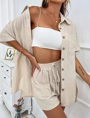 Vista 5 de SeekMe Conjunto de pantalones cortos de lino para mujer, camiseta de manga corta, pantalones cortos, 2 piezas, verano, playa, vacaciones, trajes