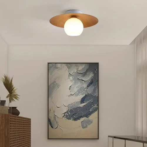Vista 8 de Lámpara de techo minimalista moderna de globo de vidrio blanco redondo con textura de nuez, lámpara de techo semiempotrada con textura de madera