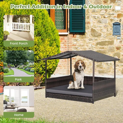 Vista 7 de Tangkula Casa de mimbre para perros, cama elevada de ratán para interiores y exteriores con cojín extraíble, funda lavable, techo impermeable