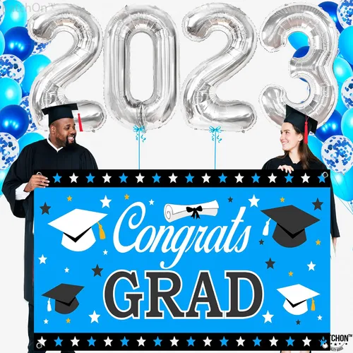 Vista 7 de KatchOn, Globos azules 2023 y pancartas de graduación – Grandes, paquete de 30 Cartel de felicitación de graduación Decoraciones de graduación