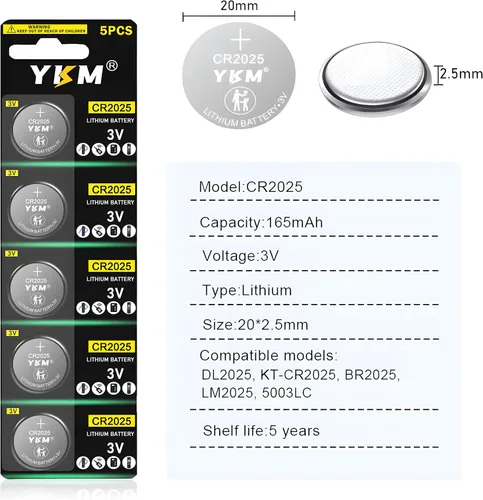 Vista 2 de YKM Paquete de 5 baterías CR2025 DL2025 de litio de 3 V para el control remoto del coche 2025