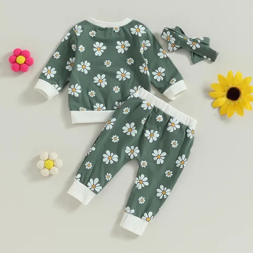 Vista 6 de Conjunto de 2 piezas de sudadera y pantalones de manga larga con cuello redondo y estampado floral para bebé niña