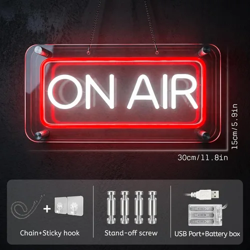 Vista 3 de Letrero de neón On Air, letrero de neón con luz LED para streaming/juegos/decoración de estudio de grabación, USB y funciona con pilas, luz LED