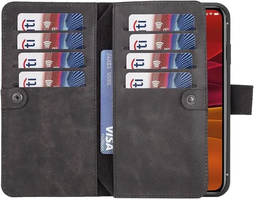 Vista 3 de HARDISTON Funda de piel auténtica de alta calidad hecha a mano para iPhone 7/8 / SE doble folio tarjetero - Funda magnética desmontable - Soporte