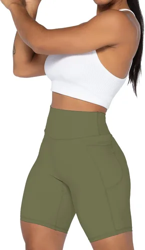 Vista 6 de Sunzel Pantalones cortos de ciclismo sin costuras frontales para mujer con bolsillos, pantalones cortos de yoga, entrenamiento, gimnasio, ciclismo