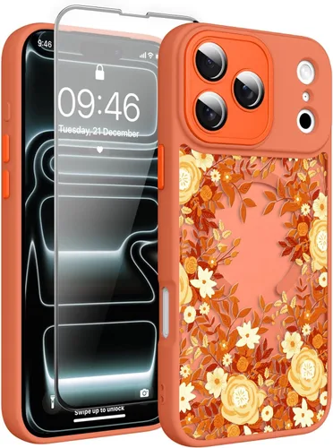 Vista 85 de Magnético para iPhone 13 con protector de pantalla [Compatible con MagSafe] Diseño de patrón floral de flores bonitas, funda delgada a prueba
