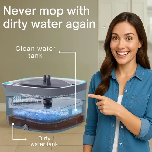 Vista 2 de TRUE & TIDY Sistema de trapeador giratorio cuadrado y cubeta – Doble cámara para agua limpia y sucia, trapeador giratorio de 360° con autoescurrido