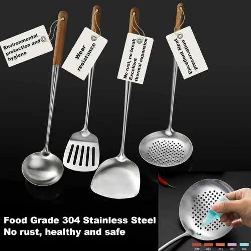 Vista 5 de Wok Utensilios para acero al carbono, espátula de wok de acero inoxidable de 17 pulgadas