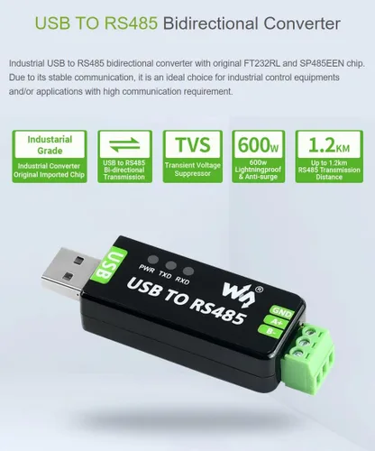 Vista 3 de Waveshare Convertidor USB a RS485 con circuitos de protección, compatible con televisores