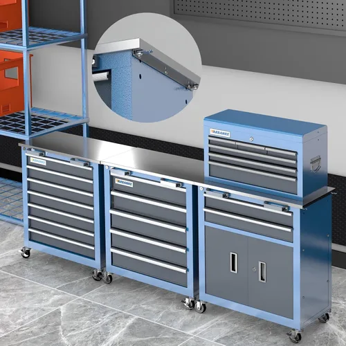 Vista 4 de LARBANKE – Combinación de 3 cofres de herramientas, rodante con encimera de acero inoxidable, gabinete con hebilla de conexión, ruedas