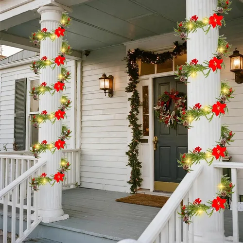 Vista 8 de DR.DUDU Guirnalda de Navidad artificial preiluminada de 9 pies con 30 luces LED, alimentada por baterías con conos de pino, bayas rojas, agujas
