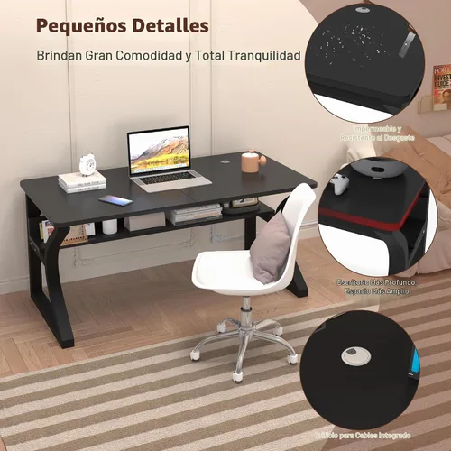 Vista 5 de StarGraph Escritorio para computadora, 47 y 55 pulgadas, parte superior de MDF con patas de metal en forma de U, estilo moderno, rectangular