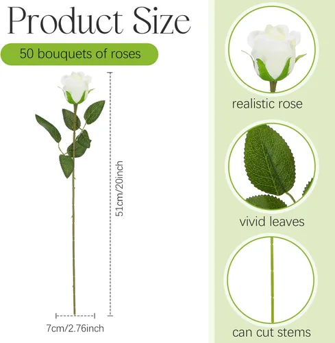 Vista 2 de Jexine 50 piezas de flores de rosa artificiales a granel, rosas de seda falsas realistas con tallo largo, ramo de flores artificiales de plástico