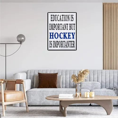Vista 4 de Letrero de metal con texto en inglés «Education is Important But Hockey is Importanter» divertido jugador de hockey para decoración de pared, cueva