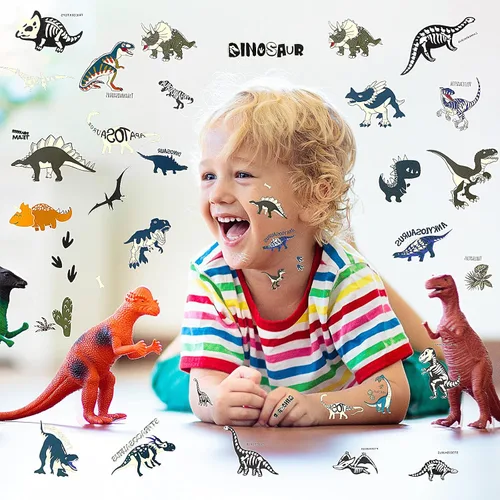 Vista 6 de Zonon 90 piezas de tatuajes temporales de dinosaurio luminoso, tatuajes temporales, calcomanías brillantes de dibujos animados, tatuajes de selva