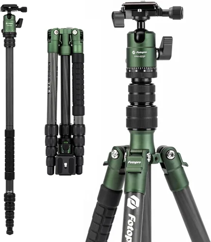 Vista 12 de Fotopro - Trípode de viaje de fibra de carbono de 62", trípode de cámara ligero y compacto con cabeza de bola y placa de liberación rápida