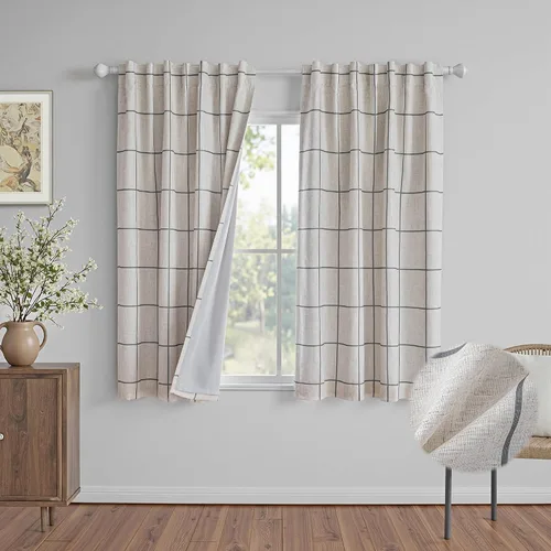 Vista 23 de MYSKY HOME Cortinas de Lino a Cuadros 100% Opacas de 45 Pulgadas de Largo de Doble Capa Estilo Granja con Aislamiento Térmico Estampado a Cuadros