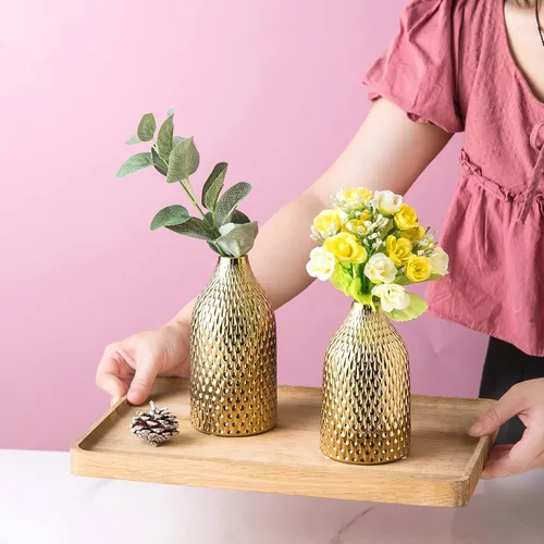 Vista 7 de Juego de jarrones de cerámica – 3 jarrones pequeños, lujosa decoración del hogar, ideal para centros de mesa; decoración ideal para estantes, Dorado