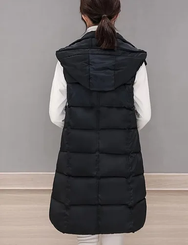 Vista 4 de Tanming - Chaleco largo acolchado de algodón sin mangas con capucha extraíble para mujer