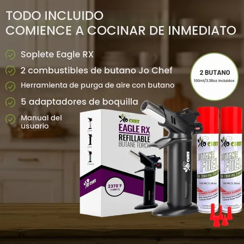 Vista 4 de Jo Chef Soplete de crema Brulee, soplete de cocina de butano para sellar, barbacoa, cocinar 2 Butane Cans (3.38oz), 2,370°F Adjustable Flame, Hand