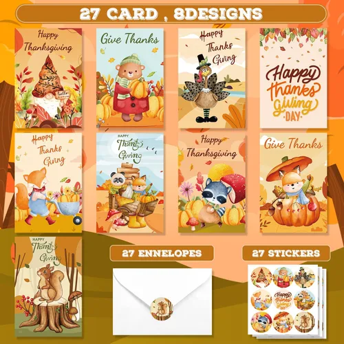 Vista 2 de Quera 27 tarjetas de felicitación de Acción de Gracias, tarjetas de animales de otoño con sobres, tarjetas de cosecha para niños, adultos, amigos