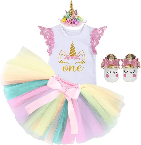 Vista 13 de Disfraz de princesa para bebé y niña de primer cumpleaños, con diseño de unicornio y falda tutú arcoíris (zapatos)