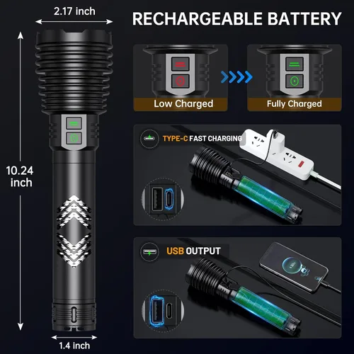 Vista 3 de Linternas recargables 6000.000 de alto lúmenes, linterna LED súper brillante con mango largo, batería de gran capacidad, ampliable y 6 modos