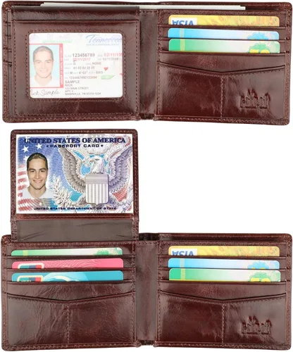 Vista 4 de Cartera para hombre-Cuero Genuino RFID Bloqueo Billetera Bifold Elegante Con Ventana 2 ID