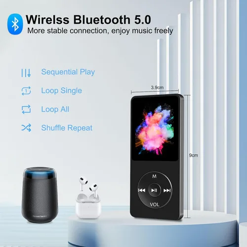 Vista 2 de Reproductor de MP3 con Bluetooth 5.0, pantalla de 1.8 pulgadas, reproductor de música portátil con altavoz HD, música HiFi compatible con radio FM