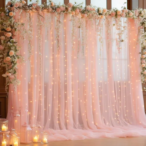 Vista 22 de Cortina de telón de fondo de tul azul bebé de 10 x 8 pies con cadena de luces para fiestas, cortinas de fondo transparentes para bodas, baby shower