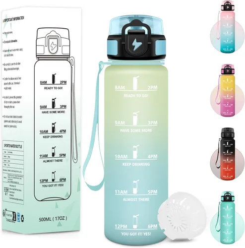 Vista 11 de Botella Agua, 16.9 fl oz Libre de BPA, Botella Agua Niños, Diseño de Cerradura a Prueba de Fugas, cantimplora, Con Marca de Tiempo, Cantimplora