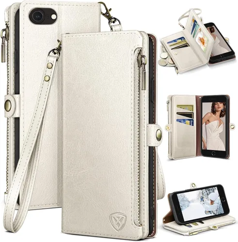 Vista 14 de XcaseBar Compatible con iPhone SE 3rd/7/8 Funda tipo cartera con cremallera y tarjetero de crédito [bloqueo RFID], funda de piel sintética con tapa