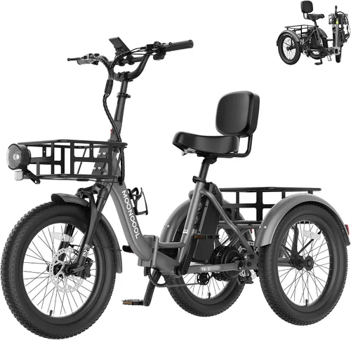 Vista 16 de MOONCOOL Triciclo eléctrico plegable para adultos, E-Trike de aluminio de 20 pulgadas con función de marcha atrás y opciones de largo alcance, Plata