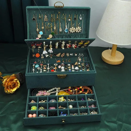 Vista 5 de GYJOYERO Joyero organizador de aretes de joyería para mujeres y niñas, 4 capas con cajones, collares, anillos, relojes, vitrina, almacenamiento
